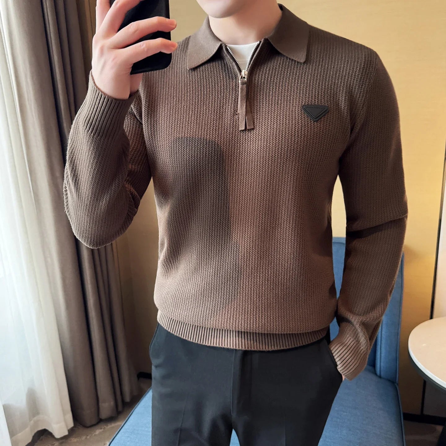 Zipper - Half Zip Design Mock Neck Polo Shirt