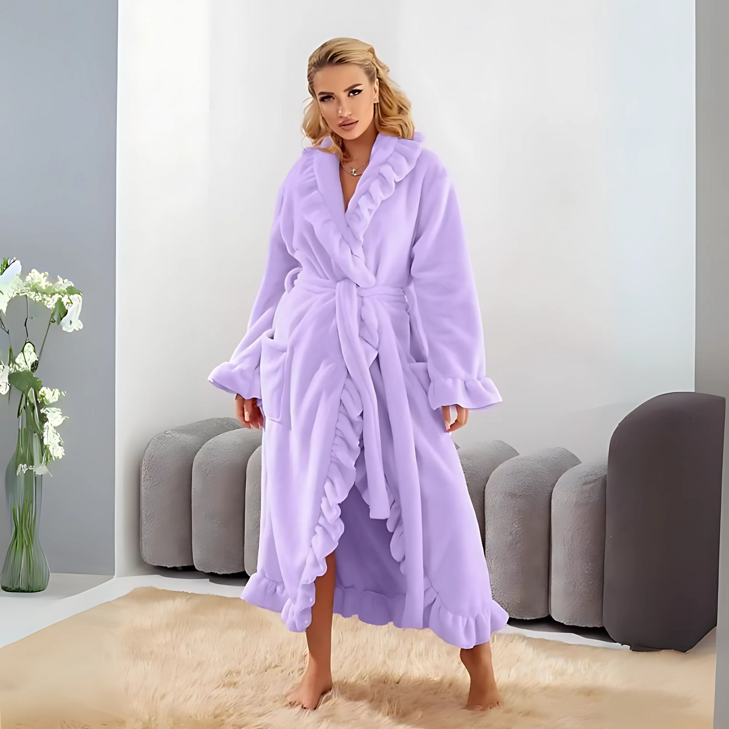 ALEXA™ - Classy Ruffle Hem Long Sleeve Robe